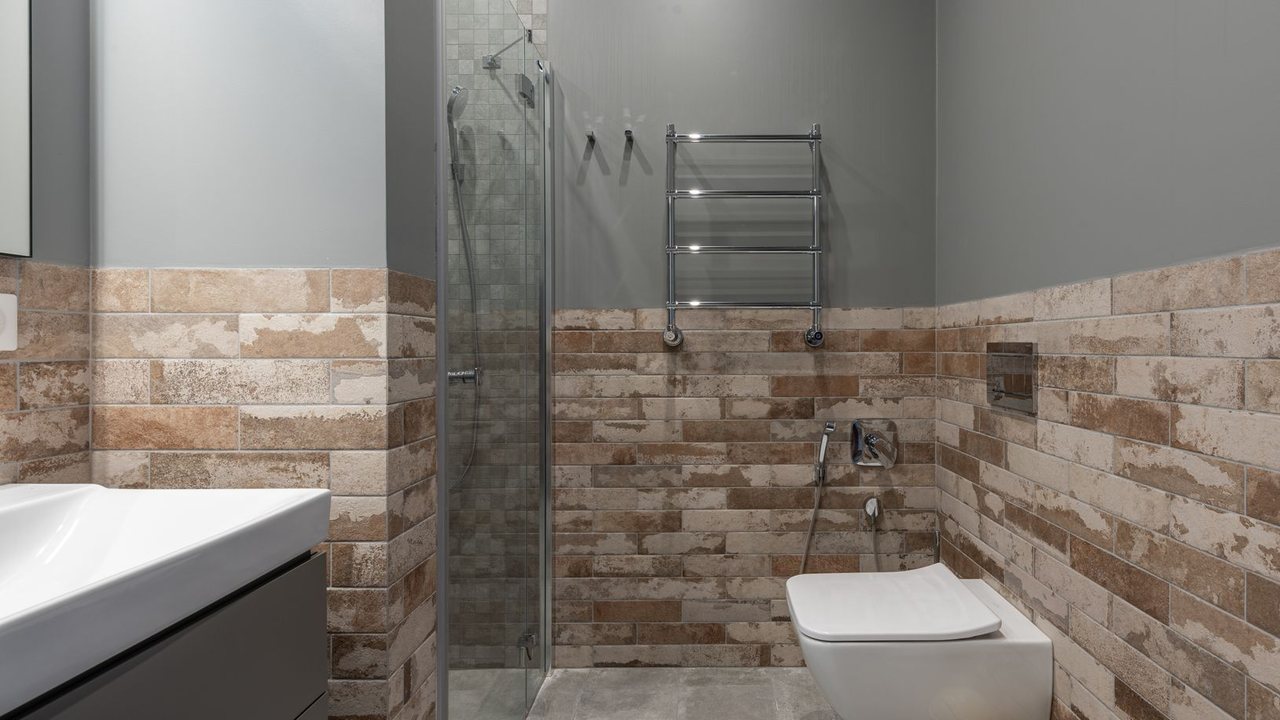 Baño con ducha de vidrio e inodoro suspendido