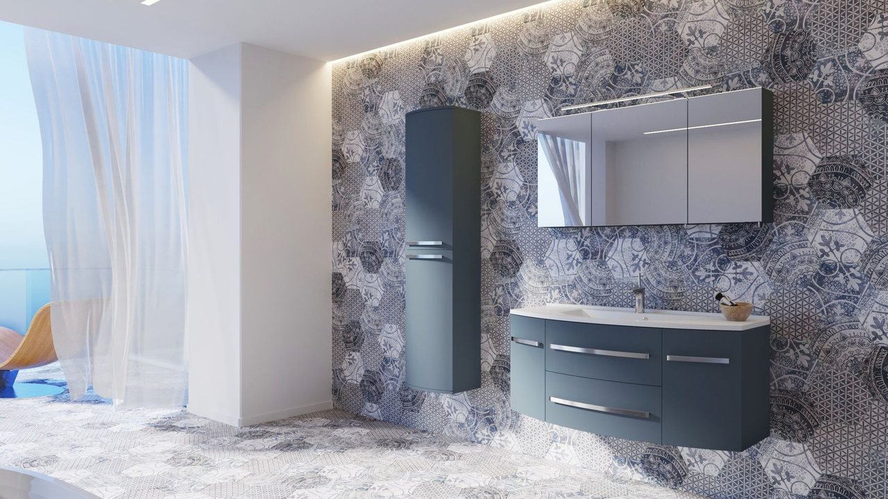 Mueble de baño suspendido oscuro bajo espejo y pared decorativa