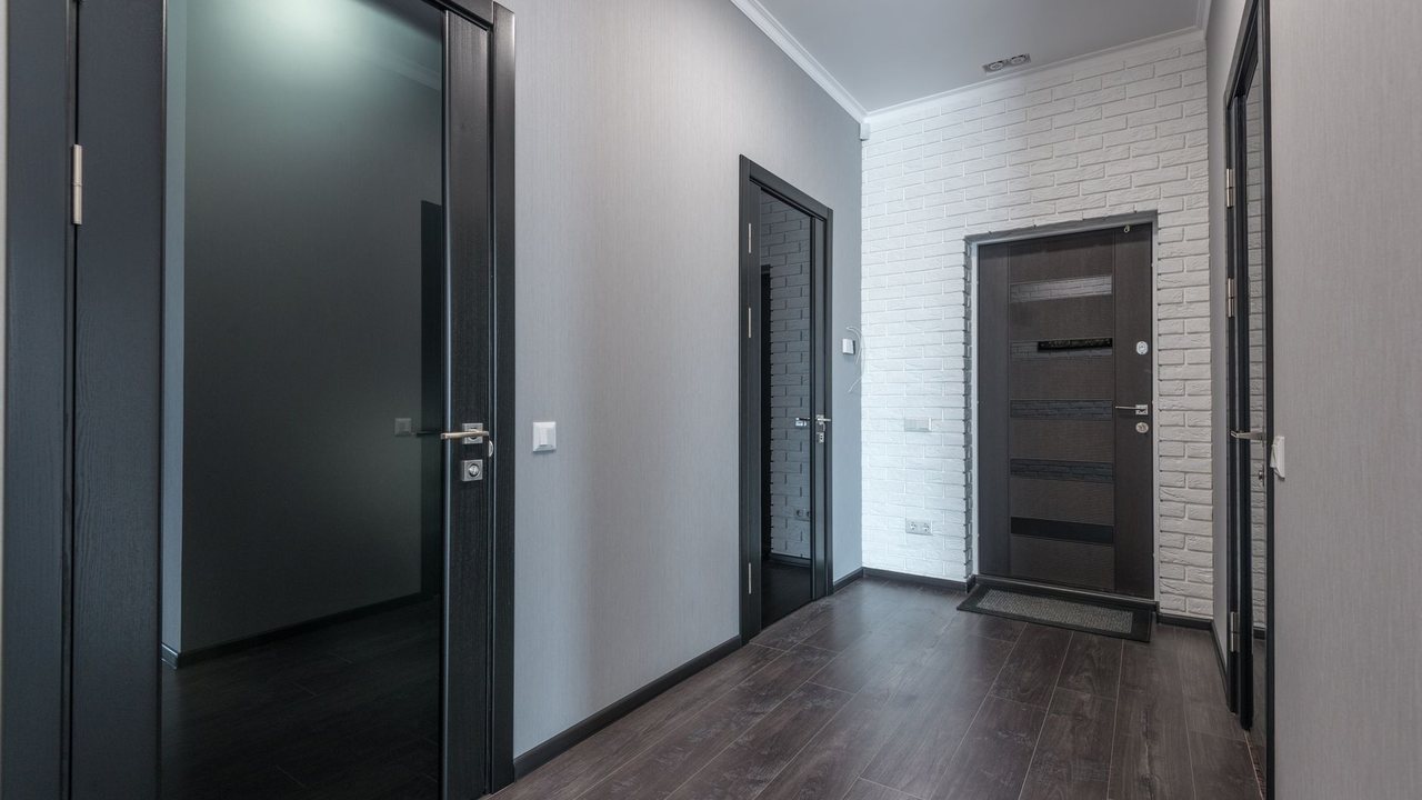 Pasillo con puertas oscuras y puerta de entrada al fondo